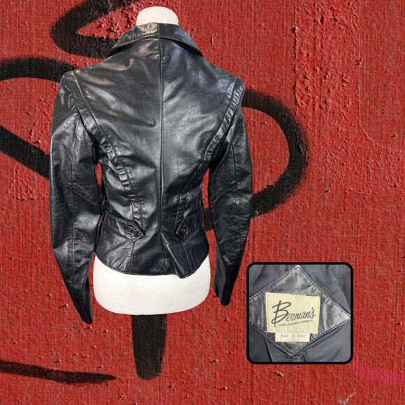 Vintage Berman's 70s Black 100% Leather Moto Crop Jacket Size 12 - Picture 3 of 5